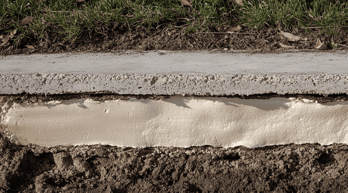 A cross-section of a sidewalk shows layers of concrete, foam insulation, and soil beneath, with grass and fallen leaves on the surface.